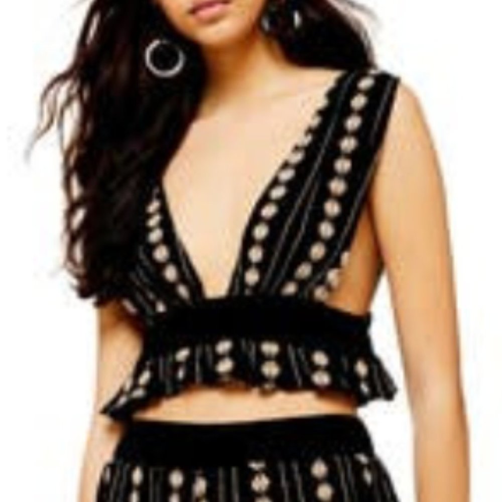 Topshop Sleeveless Embroidered Jacquard Crop Top and Shorts Size M Black and Tan